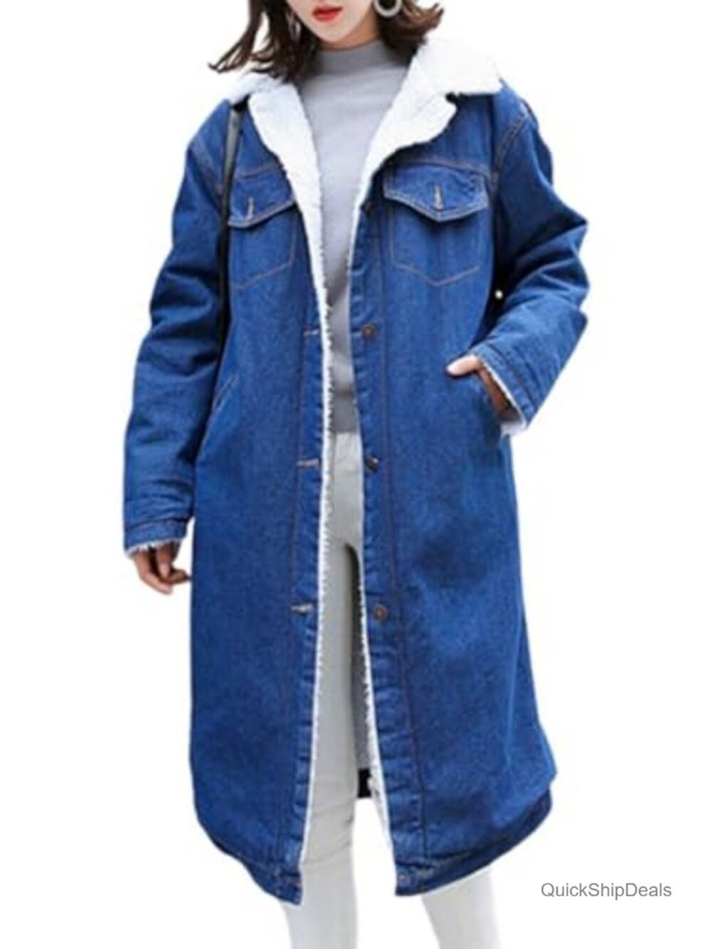 Women's Sherpa Lined Long Denim Jacket Removable Faux Fur Collar